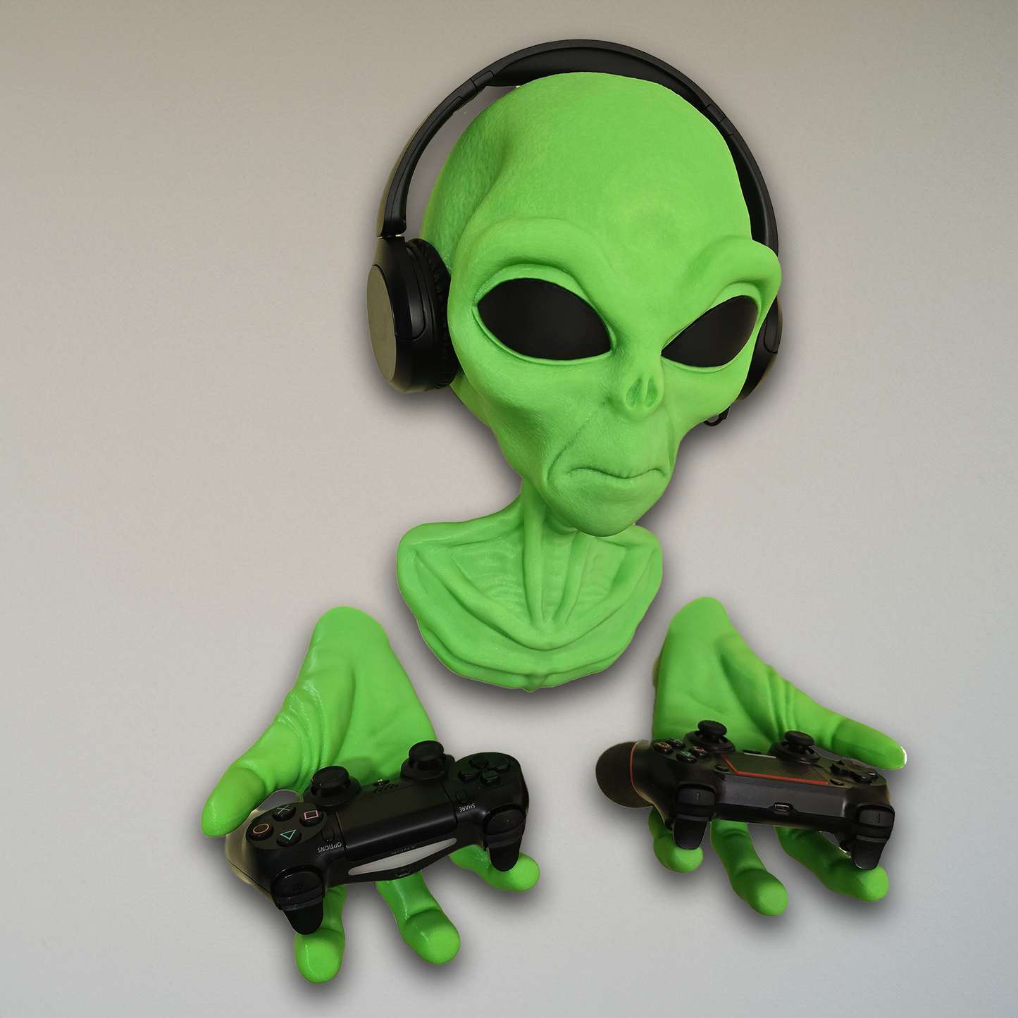 Wall Mounted Green Alien Bust Headset and Controller Holder