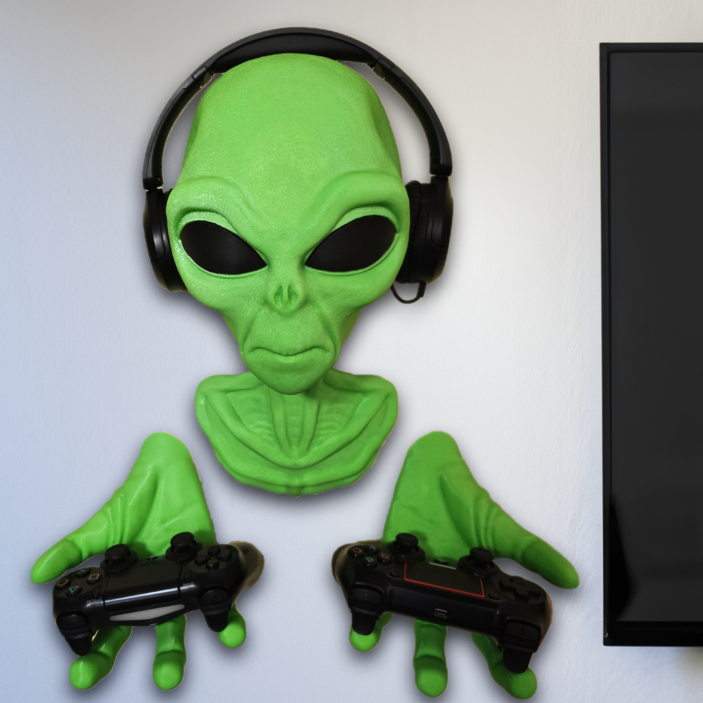 Wall Mounted Green Alien Bust Headset and Controller Holder