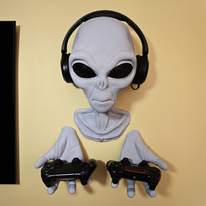 Wall Mounted Grey Alien Bust Headset and Controller Holder